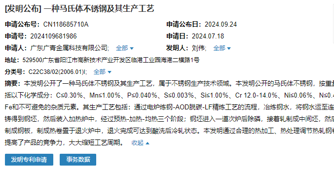 廣青科技成功申請一項(xiàng)名為“一種馬氏體不銹鋼及其生產(chǎn)工藝”專利
