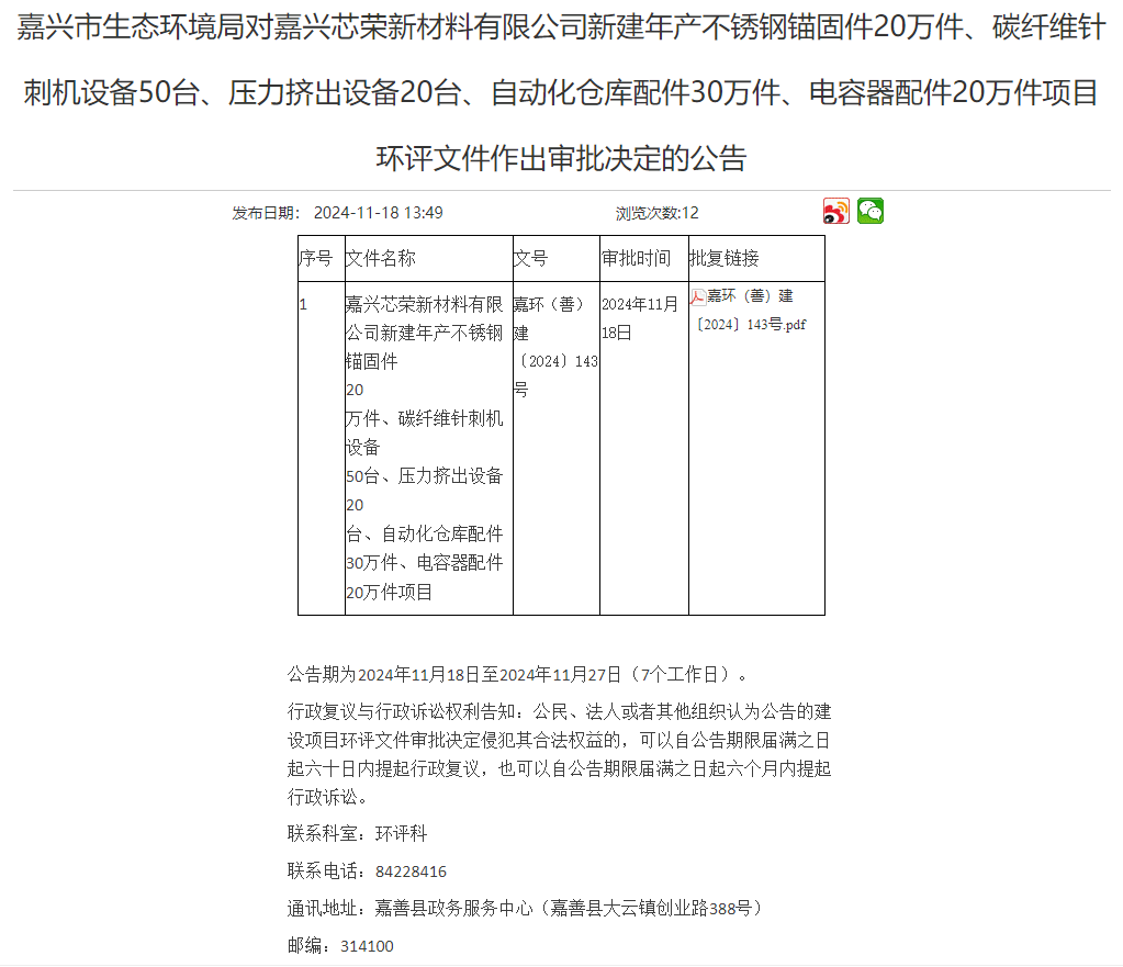 嘉興芯榮新材料公司新建年產20萬不銹鋼錨固件建設項目環(huán)評獲審批